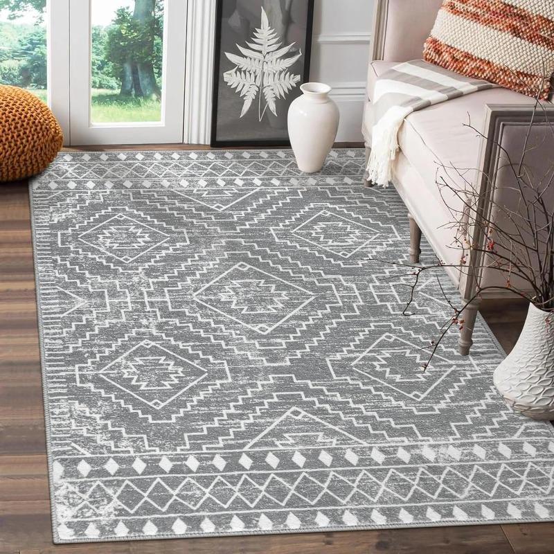 Moroccan Style Carpet for Living Room Retro Washable Farmhouse Bedroom Black Boho Non-Slip Floor Mat Soft Rug for Kitchen Entry