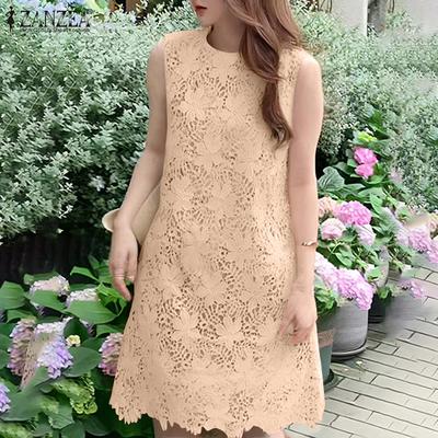 Women Summer Round Neck Sleeveless Ruffle Hem Dresses