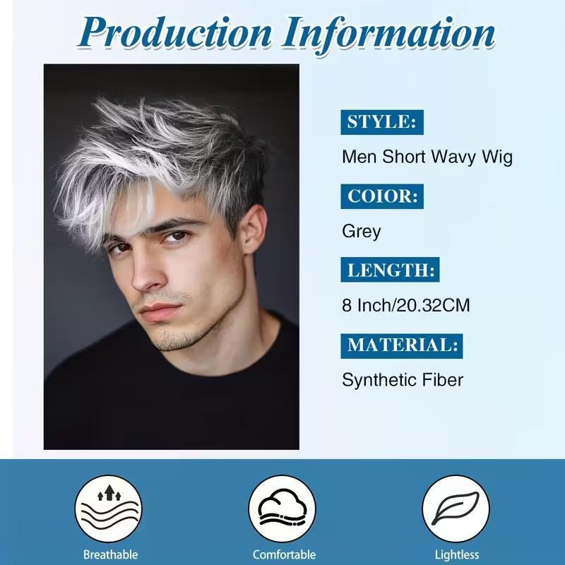 Silver Gray Short Synthetic Wig, Men's Layered Side Part Wig for Daily Wear