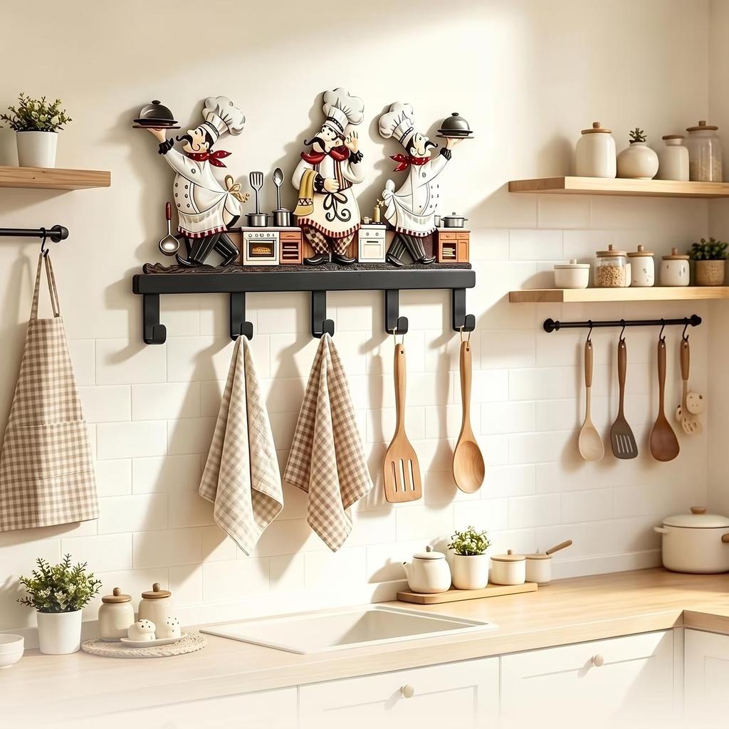 Suporte de Parede de Metal Vintage para Cozinha com 5 Ganchos Estilo Fazenda para Utensílios, Toalhas, Aventais, Suportes de Panela Organizador Decorativo de Armazenamento
