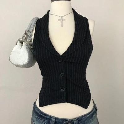 VAYLA Amerikansk Mode Vintage Enkelknäppt Ärmlös Camisole Y2k Amerikansk Randig Punk Kort Topp Retro Linne