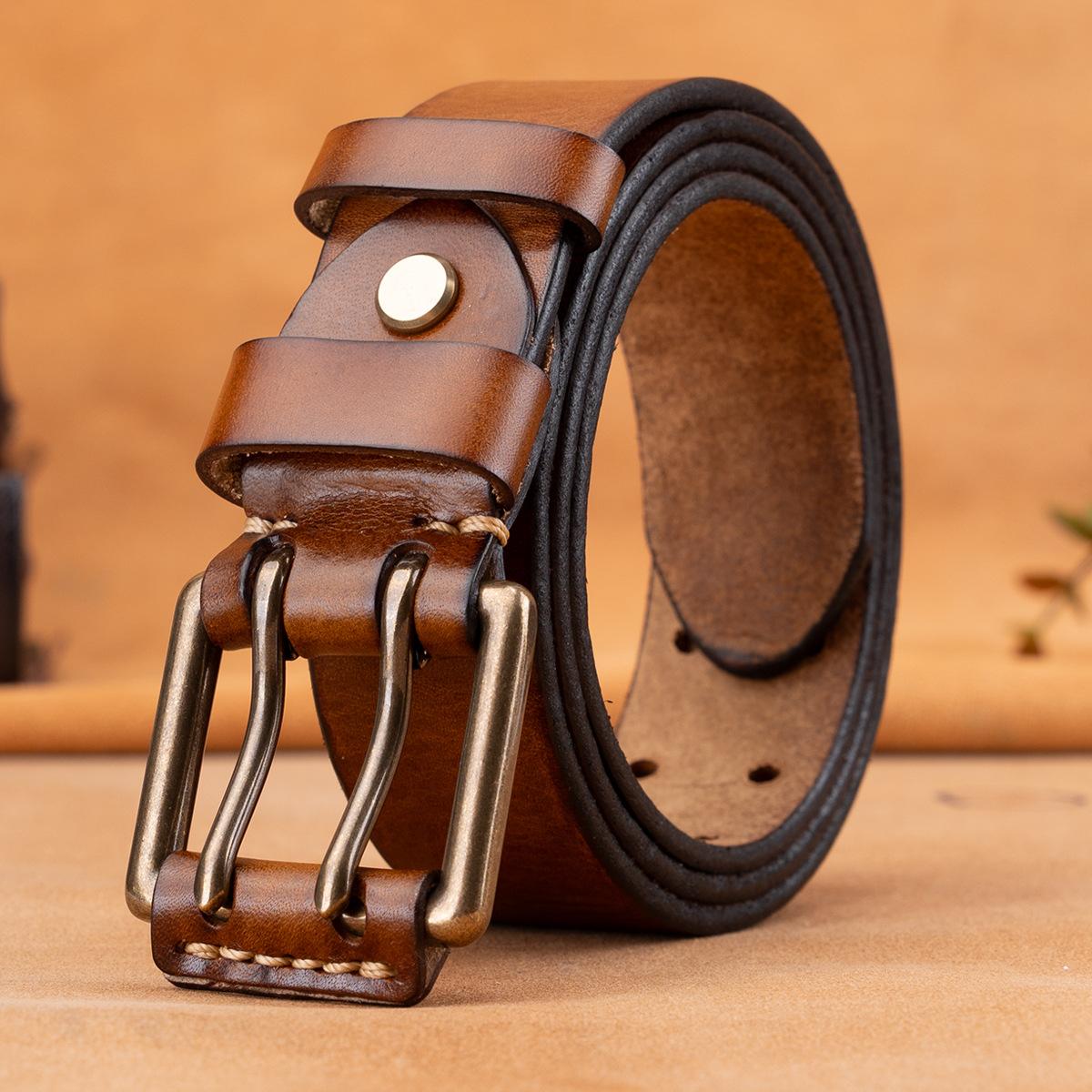 

Solid Copper Buckle Men S First-Layer Cowhide Belt Casual Simple Pin Buckle Leather Belt Business Middle-Aged And Young Men S Belt 130cm