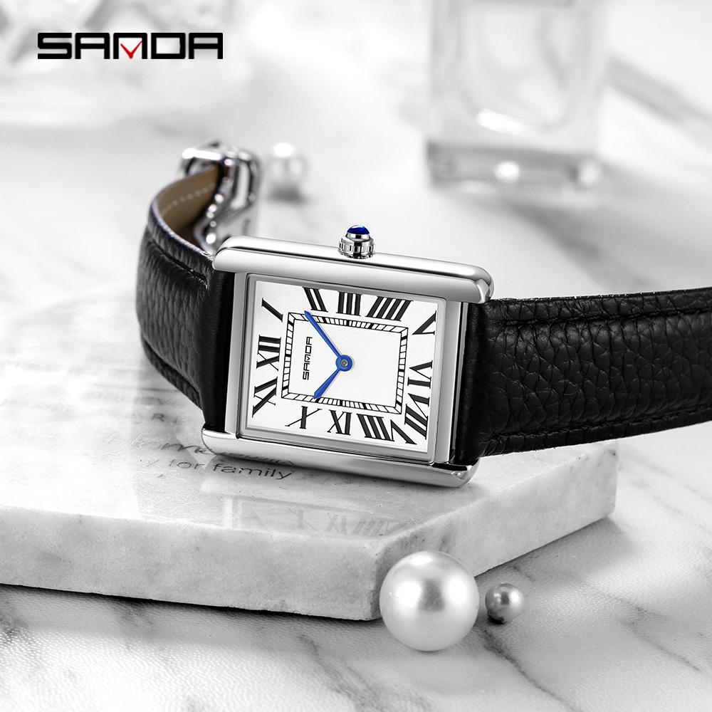 Sanda Rectangular Wrist Watches Women Man Unsex Silver Case Luxury Top Brand Leather Band Quartz Clock Zegarek Damski 1108