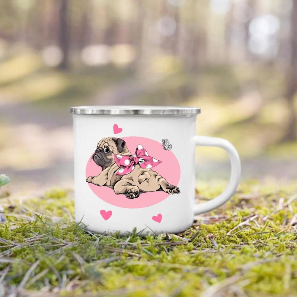 French Bulldog Print Mugs Creative Coffee Cup Drink Milk Beer Cup Camping Camfire Enamel Mugs Handle Drinkware Gift for Dog Love