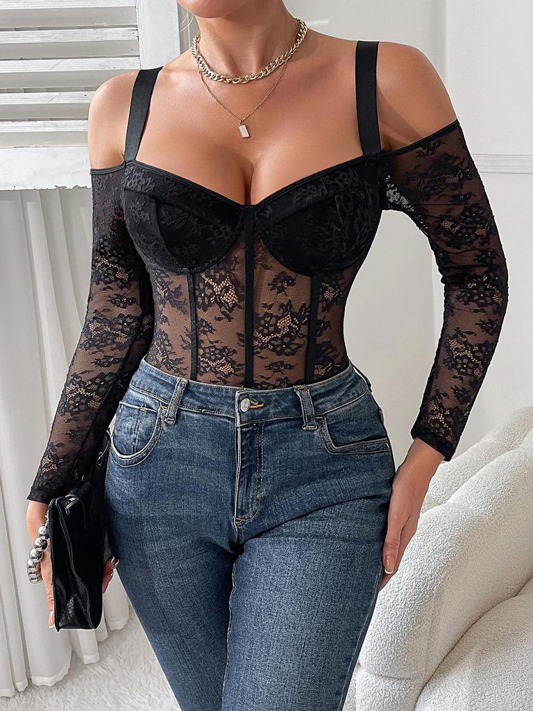 European & American Sexy Lace Patchwork Strappy Black Bodysuit