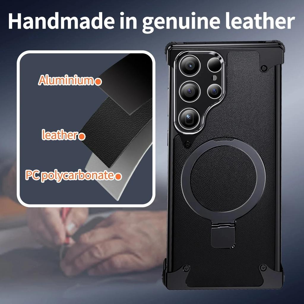 Luxury 120 Degree Rotating Stand PU Leather Phone Case for Samsung S24 S23 Ultra Wireless Magnetic Charging Shockproof Cover