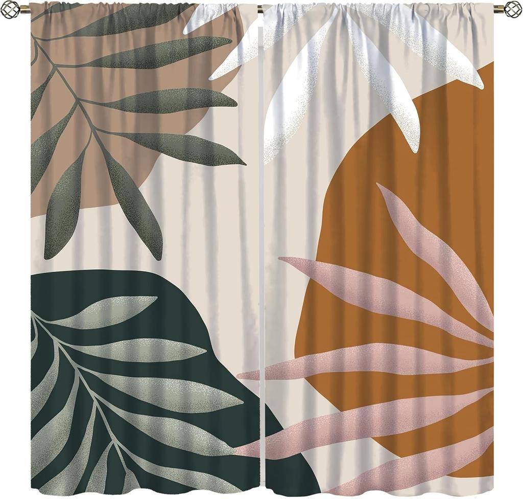 Tropical Palm Leaf Curtains Natural Emerald Green Gold Botanical Plant Abstract Printed Window Treatments Curtain Made Of Polyester With Rod Pocket