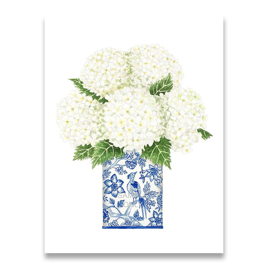 Stampe di Ortensia Magnolia Cinese Blu e Bianca Arte Chinoiserie Pittura su Tela Arte da Parete da Galleria Immagine Poster Decorazione Murale di Tendenza