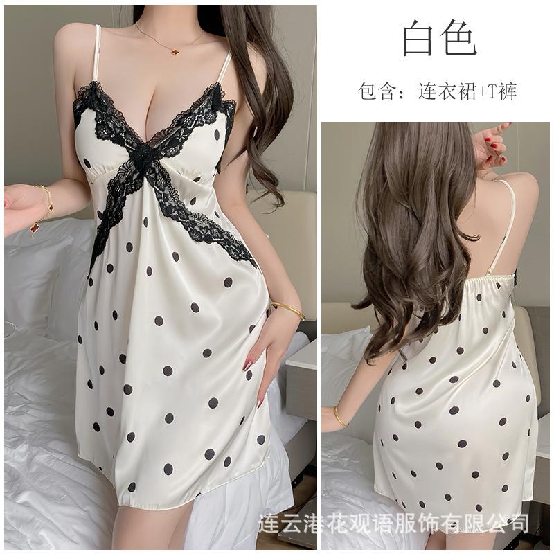 Sexy Nightgown Female Sweet Print with Chest Pad Ice Silk Suspender Pajamas Lace Pure Desire Temptation Suit