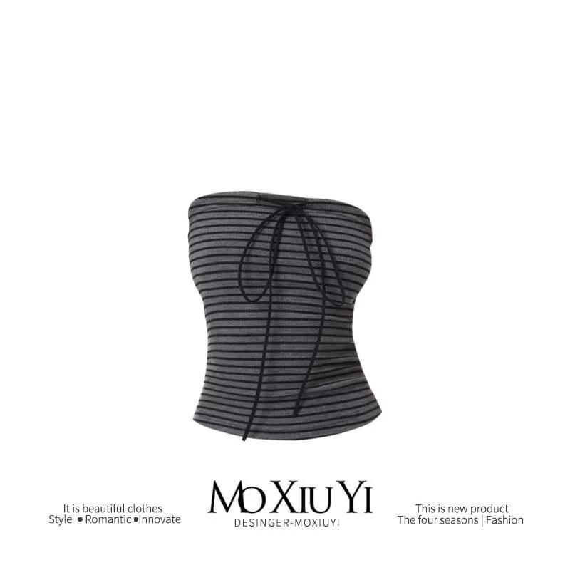 

Mo Color-Blocking Bow Lace-up Stretch Tube Top American Sexy Retro Slimming Sleeveless Stripes Tops S черный серый