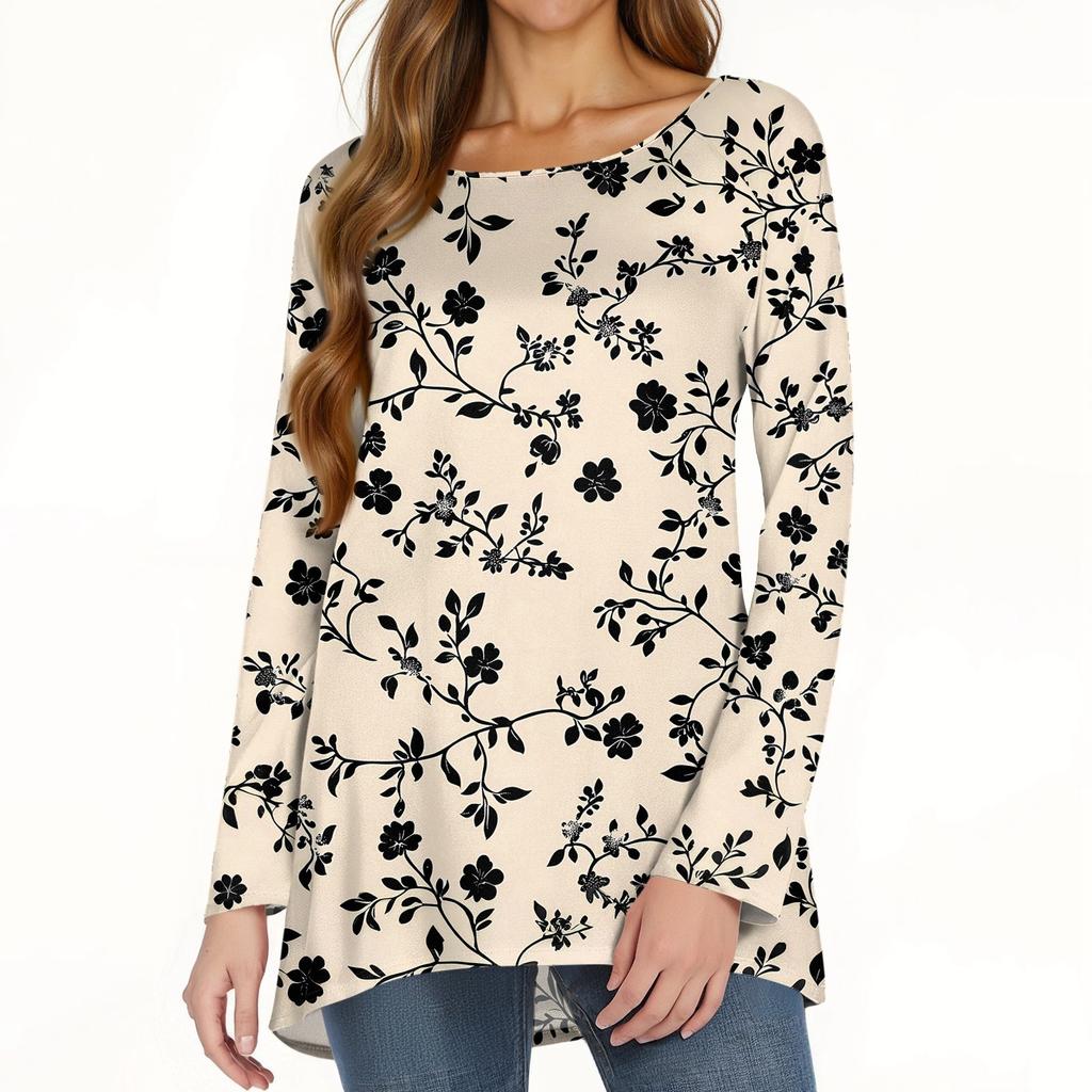 Women's Fashion Casual Long Sleeve Print Round Neck Pullover Top Blouse