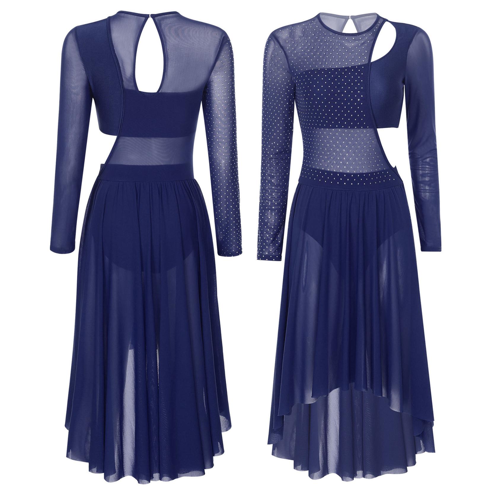 

Женский лирический современный танцевальный костюм с длинными рукавами и стразами, сетчатое лоскутное платье с вырезами, балетное трико, платье M темно-синий