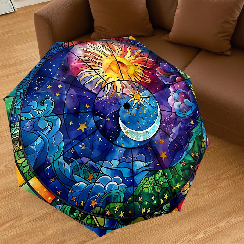 1PC Sun Moon Automatic Open/Close Umbrella with Windproof, 8-Rib Sturdy Canopy, Durable Ribs, Fashionable Design, Outdoor Accessory, Fun Prin, Holiday