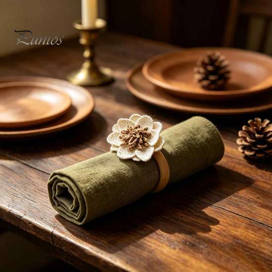 Pastoral Style Table Decor 6Pcs Linen Flower Napkin Rings, Wooden Ring Rustic Holders, Holiday Party Buckles Farmhouse Rings for Wedding Bridal Shower