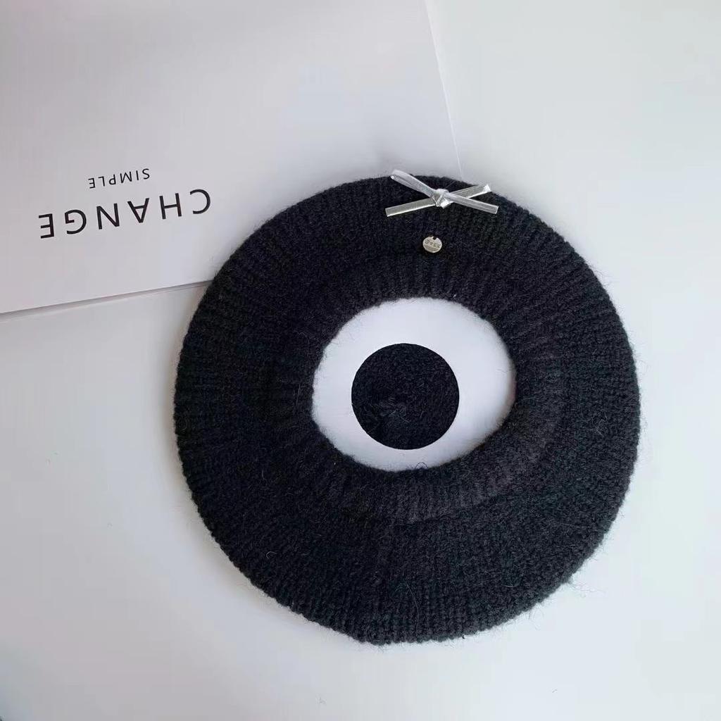 Bow beret women's new autumn and winter face small gray knitted hat warm wool hat versatile