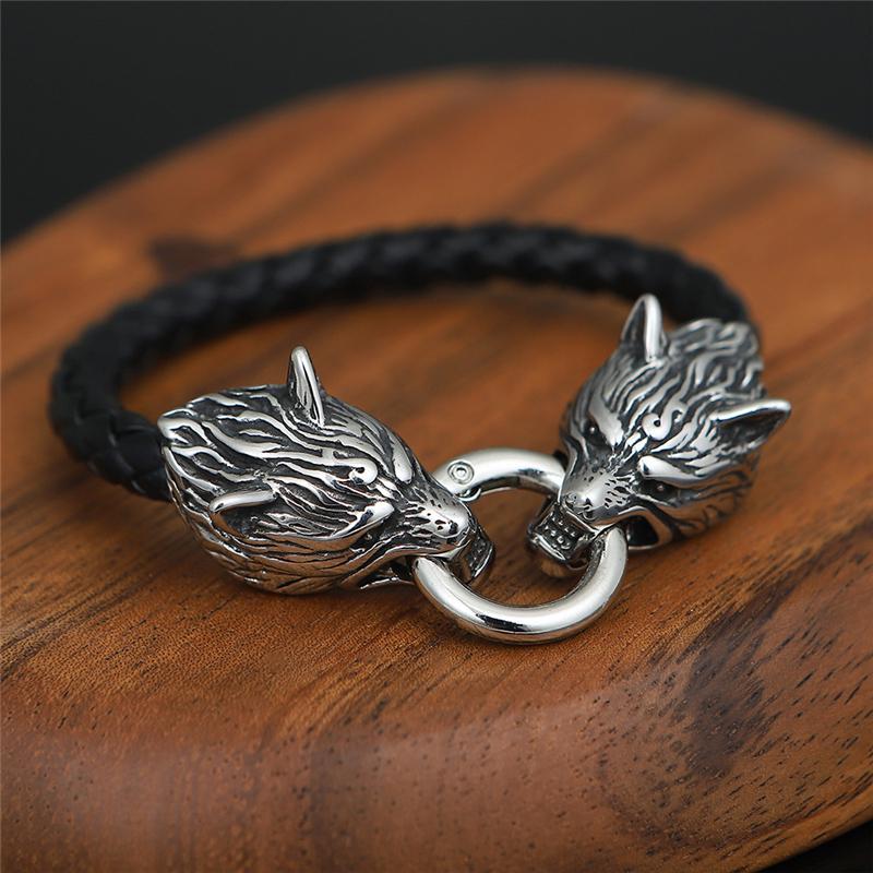 Bracciali Punk Vichinghi Norreni Testa di Lupo Catena a Rete in Acciaio Inossidabile Colore Oro Braccialetto Amuleto Nero Antico Gioielli Accessori Maschili