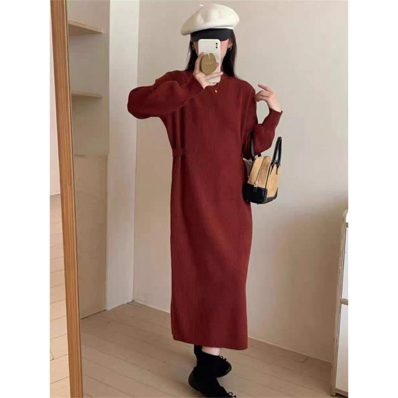 

Трикотажное базовое платье с полувысоким воротником женское осенне-зимнее новый дизайн простое внутреннее прямое платье-свитер длинная юбка one size fits all красный