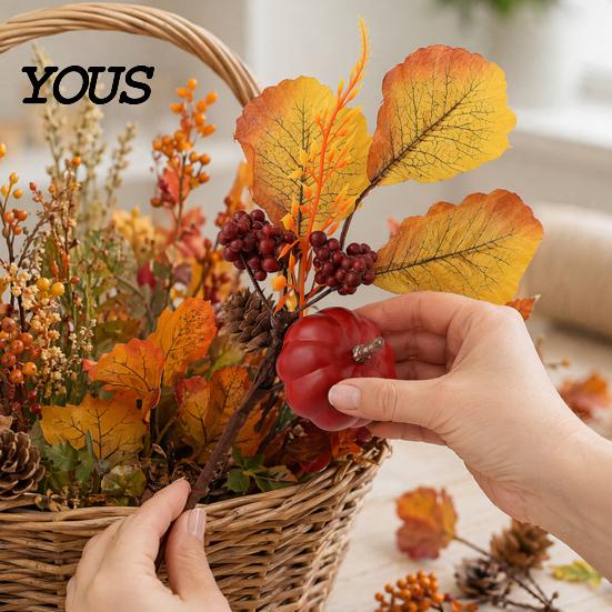 Multi-element Fall Bouquet Autumn Flower Bouquet, Artificial Floral Picks with Maple Leaves Pumpkins Pine Cone Stems Berries Cones for