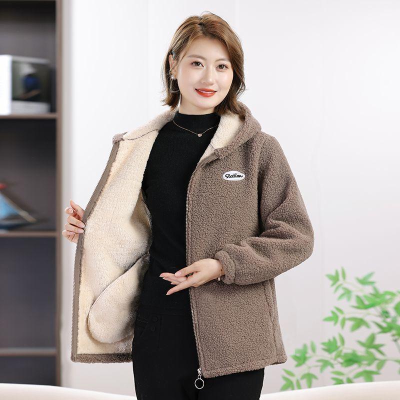 Autumn and Winter Granular Fleece Hooded Jacket Women's Loose Plus Fleece Thickened Western Style Age-reducing Lamb Fleece Top Warm Cotton Coat