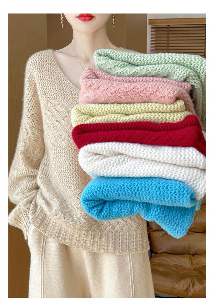 Women's Cashmere V-Neck Hollow Jacquard Pullover Sweater, Autumn/Winter Collection