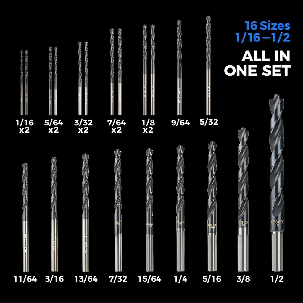 toolant Cobalt Drill Bit Set for Metal and Steel (Pro), Titanium Aluminum Nitride Coated (TiAlN) with Point Tip, for Hardened Metal, Stainless Steel,