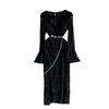 French Celebrity Muse Fan Flocking Lace V-Neck Horn Long Sleeve Design Chain Waist Skinny Dress Dress