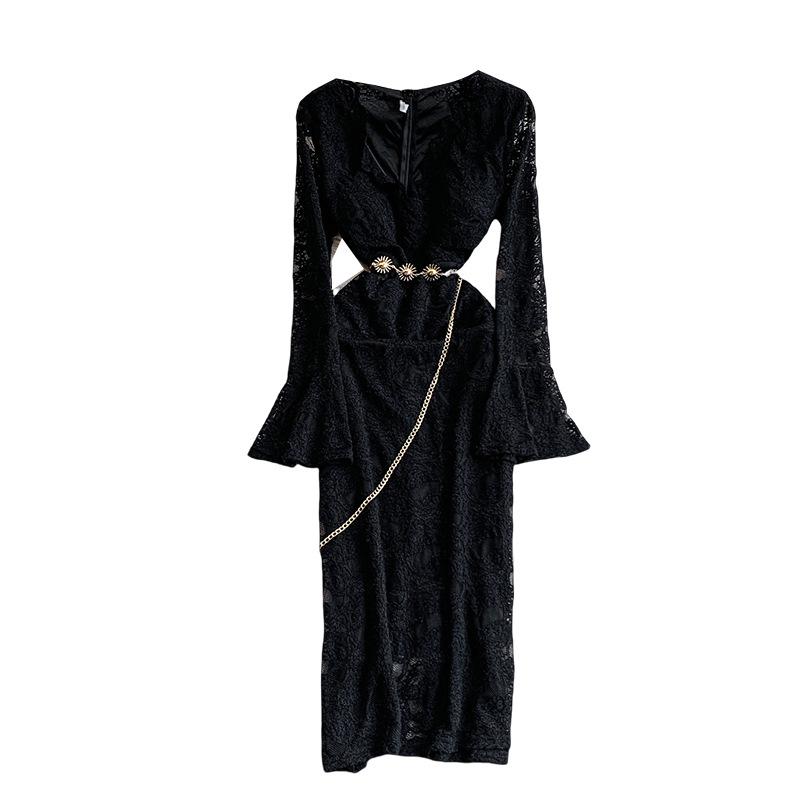 French Celebrity Muse Fan Flocking Lace V-Neck Horn Long Sleeve Design Chain Waist Skinny Dress Dress