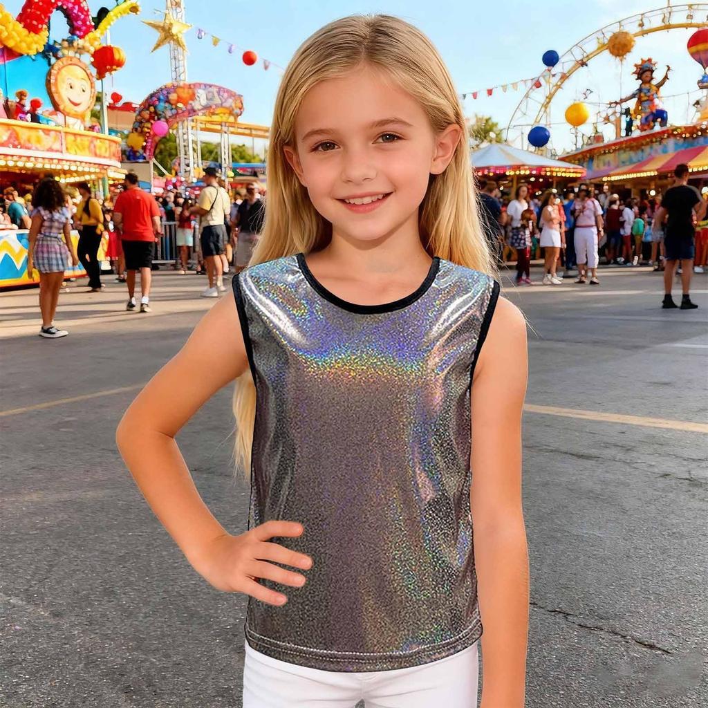 Loose Fit Sleeveless Holographic Tank Top for Kids Dancewear Shiny Sequin Reflective Performance Shirt Urban Style