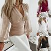 Autumn New Long-sleeved Fashionable V-neck Lace Patchwork Shirts for Women