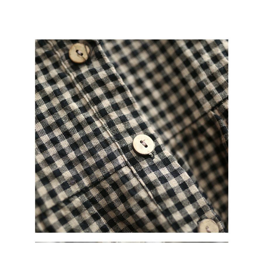 Camicia a Scacchi da Donna Manica Lunga Artistica Retro Casual Larga Plus Pizzo Gancio Fiore Patchwork Cotone Lino