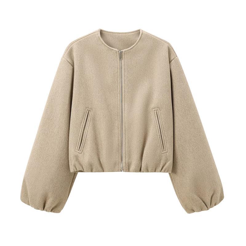 Cappotto di Lana Tinta Unita con Zip Moda Donna Manica Lunga Girocollo Giacca Bomber da Donna Autunno Caldo Tasca Capospalla Corto Chic da Strada Femminile
