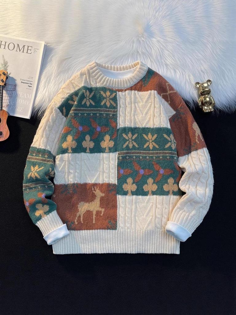 Men's Retro Patchwork Loose Knit Sweater - Winter Base Layer Outerwear