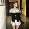 Double Ruffle Edge Flared Sleeve Knitted Sweater Women's One-word Shoulder Backless Tight Elastic Split-ended Sweater