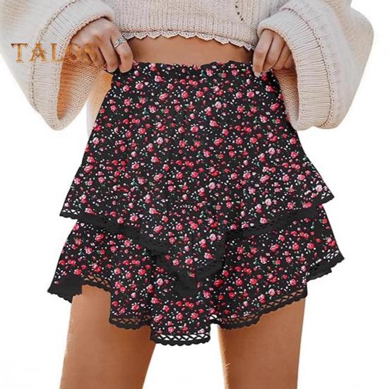 Women Cake Skirt High Waisted Double-Layered Ruffle Bohemian Mini Skirt with Elastic Waistband Lace Hem Skirt