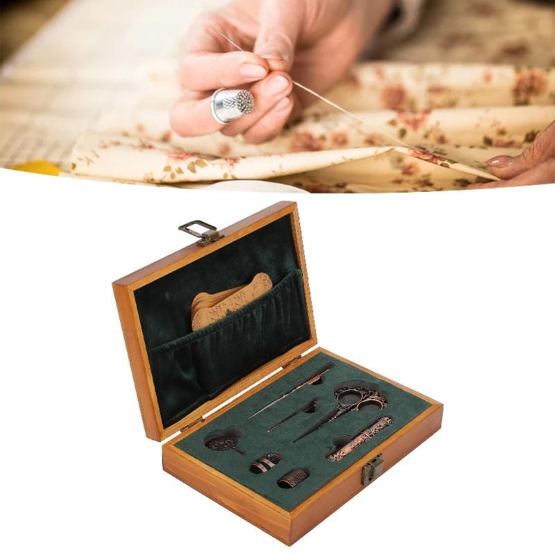 Vintage Embroidery Scissors Set Wooden Stainless Steel Sewing Box Scissors Kit Multifunctional Sewing Embroidery Tools Bronze