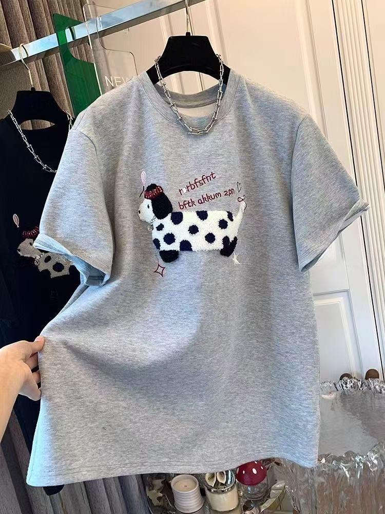European Plus Size Embroidered Dog Thick Short Sleeve Women's T-shirt for Spring/Autumn