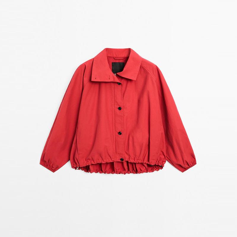 

Пальто со стойкой воротником Женская короткая куртка Пуговицы Однотонный Длинный рукав Тонкий Короткий Ветровка Дизайн с эластичным подолом Мода Уличная одежда Осень 2025 L красный