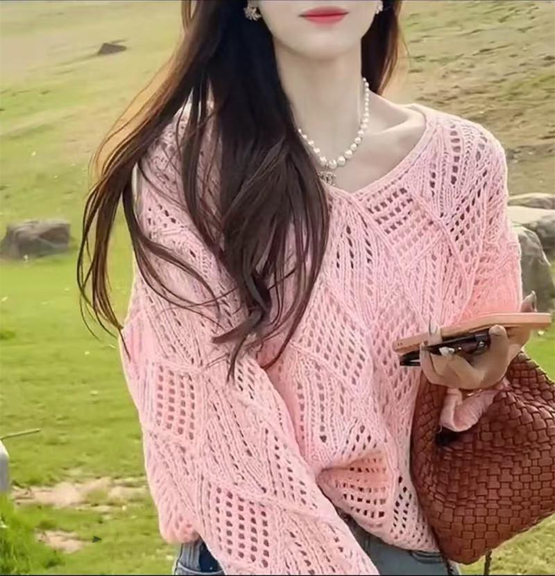 Korean Style V-Neck Knit Sweater - Loose, Long Sleeve, Hollow Design for Spring & Autumn 2025