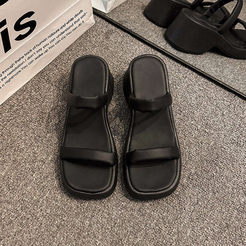 Fashion Super Fire One-word Drag Beautiful Cool Slippers Women's Summer Wear 2025 New Slope Heel Thick-soled Slippers