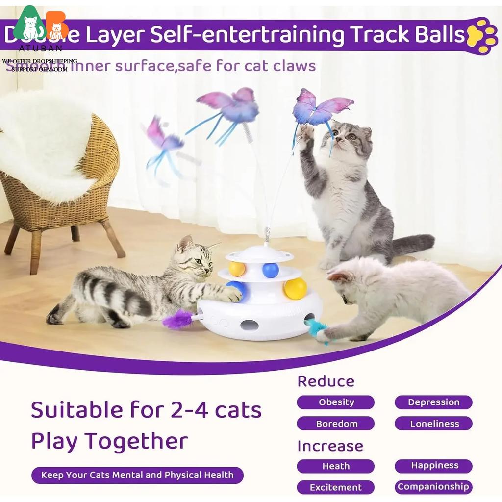ATUBAN 3-in-1 Automatic Interactive Cat Toys Rechargeable,Fluttering Butterfly,Moving Ambush Feather,Smart Cat Toy for Indoor