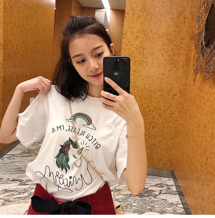 

Женская футболка свободного кроя из чистого хлопка в корейском стиле с единорогом белого цвета Small
