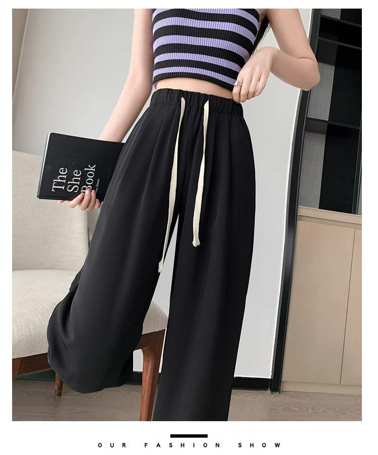 Summer 2024 Women's High Waist Versatile Wide-Leg Suit Pants with Drawstring, Size 145 Slimming