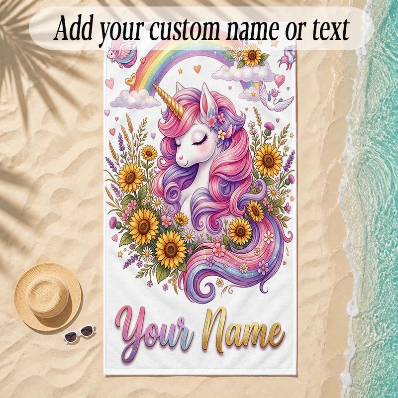 Unicorn Theme Soft Beach Towel Personalized Custom Name Text Towel Portable for Beach Pool Travel