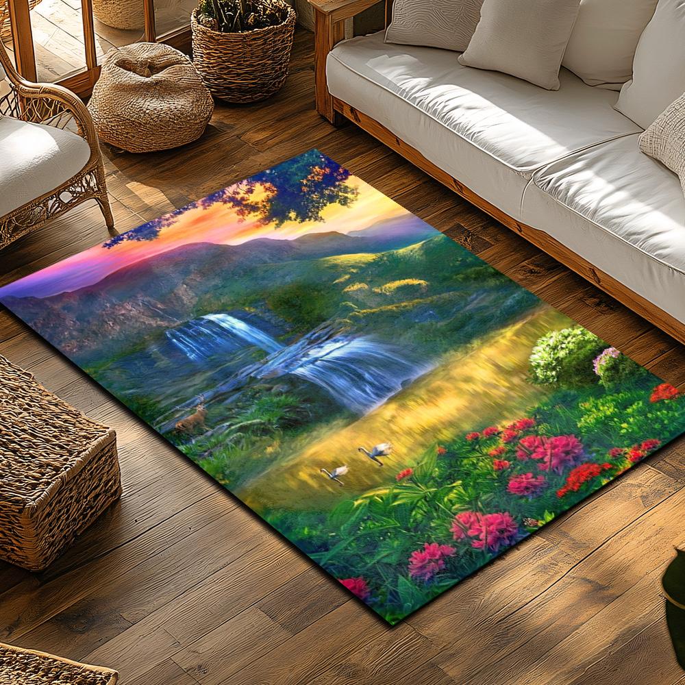 Nature Waterfall Landscape Rug, Bohemian Home Decor Carpet for Living Room, Soft Non-Slip Sofa Mat with Floral Design
