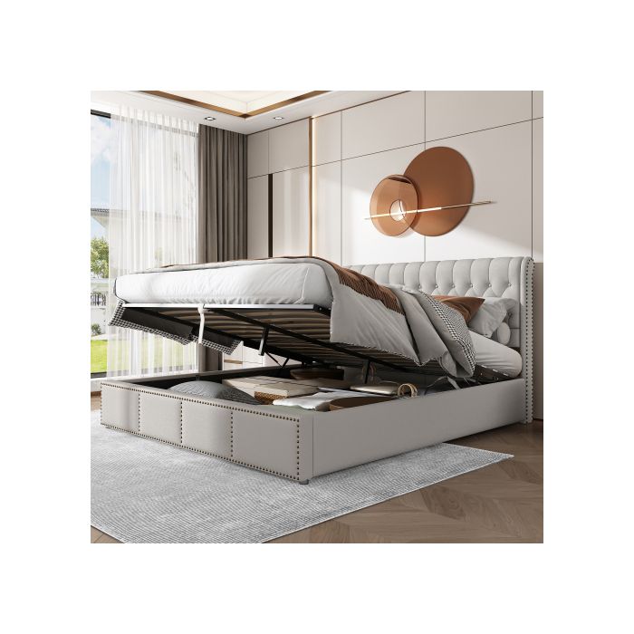 Lit - MUVOE - 180 X 200 Cm - Rembourré En Lin De Coton - Gris Clair - Avec Tiroirs De Rangement