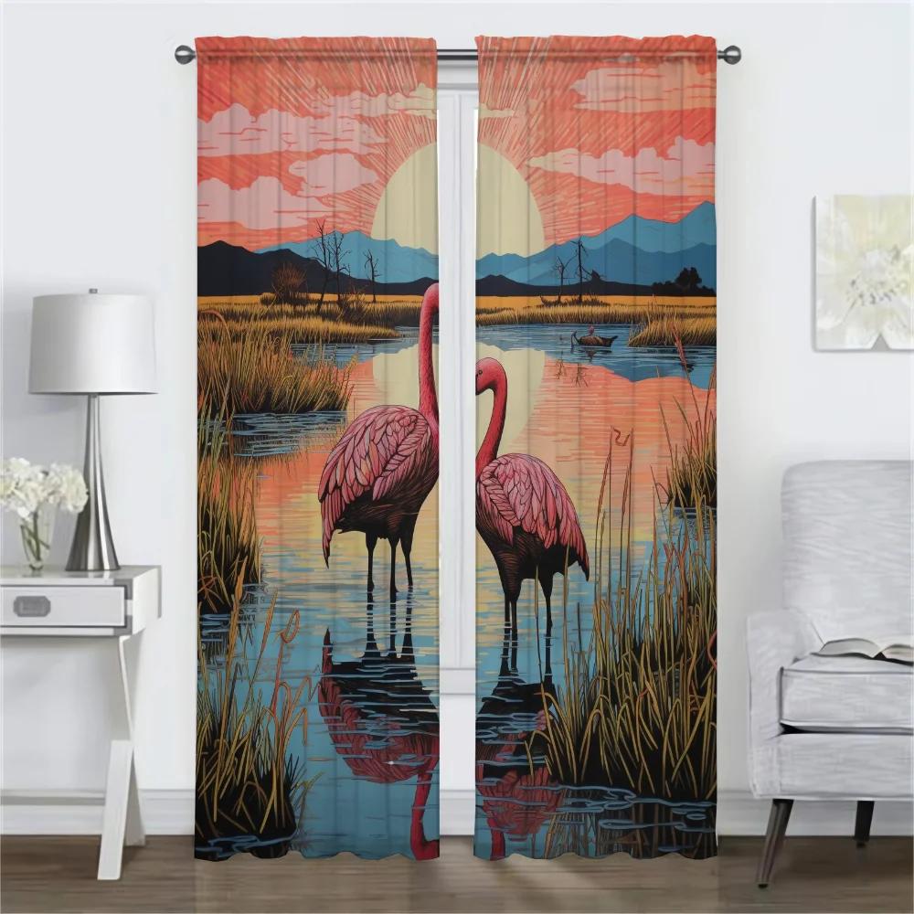 Rothalskranich Raumteiler Tüll für Schlafzimmer Küche Vorhänge für Kamera Moderne Wohnzimmer Vorhänge 2 Stück Verdunkelungsvorhang