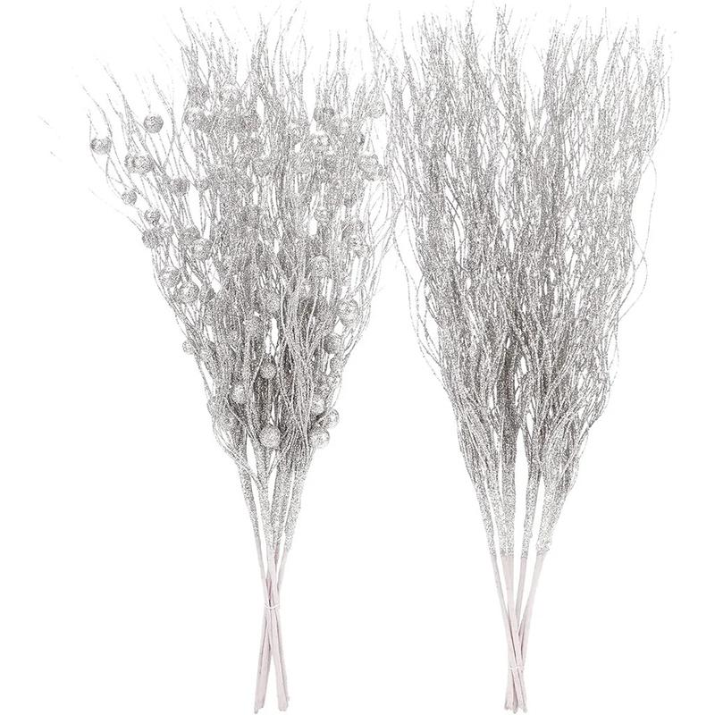 2Pcs Glitter Branches Christmas Tree Decoration Artificial Flowers for Home Fake Flowers Xmas Ornaments New Year Party Decortion