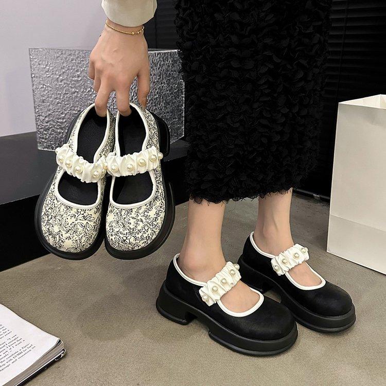 Fashion Mixed Color Chunky Platform Mary Jane Shoes for Women 2024 Autumn New Patent Leather Pumps Woman Thick Bottom Pearl Lolita Shoes