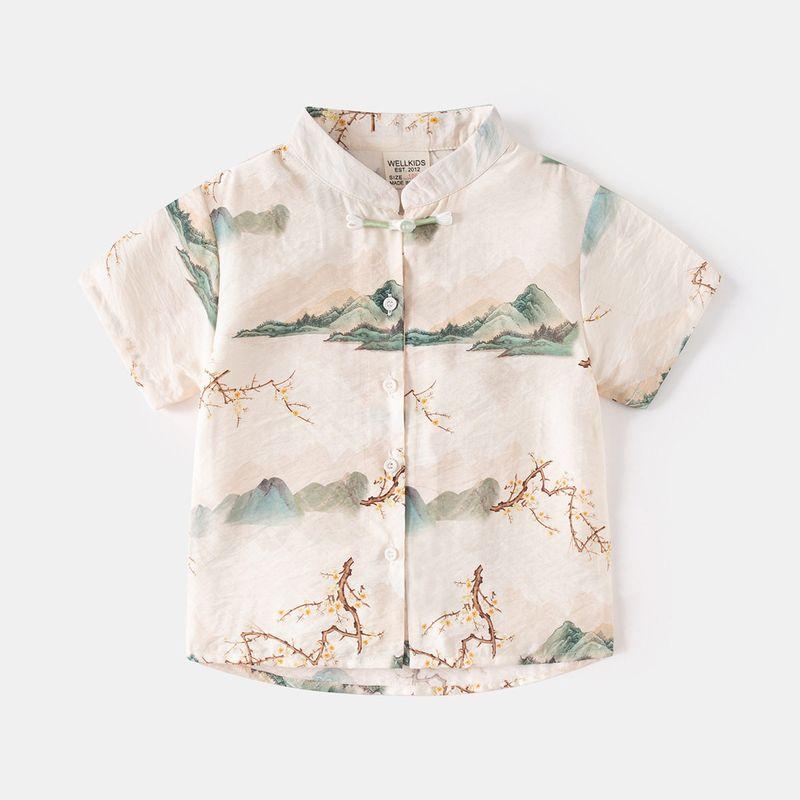 Boys' Chinese Style Short Sleeve Shirt Children's Summer Clothing Baby Stand Collar Shirt Kids Frog Button Floral Print Casual Tops