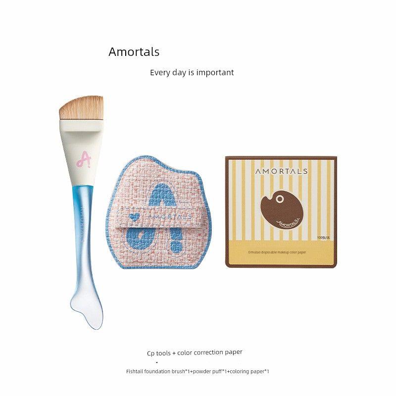 AMORTALS Fishtail Thin Arc Word Powder Foundation Brush plus Palette Flathead Blade Seamless Liquid Foundation Cosmetic Brush